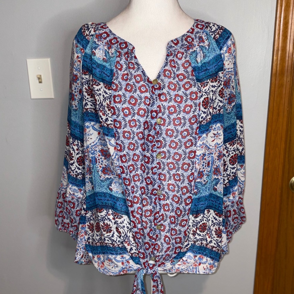 Fig and Flower Boho Patchwork Floral Tie Front Blouse Long Sleeve blue Size S
